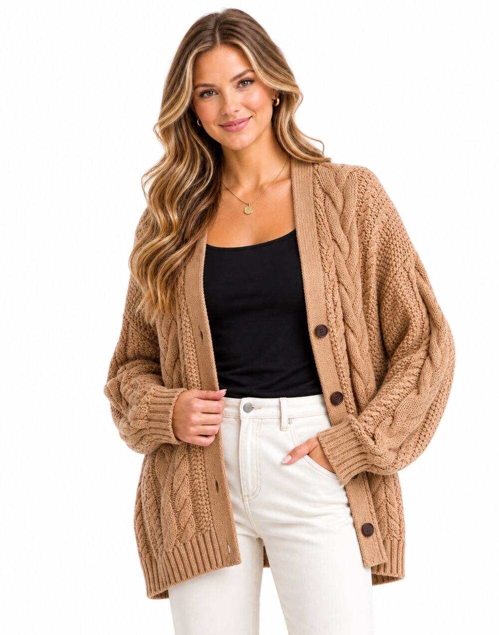 Quince Women’s Cable Knit Cardigan Sweater Camel Tan Oversized Button Front L